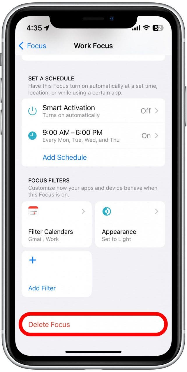 Faites défiler vers le bas de la page et appuyez sur Supprimer le focus.
