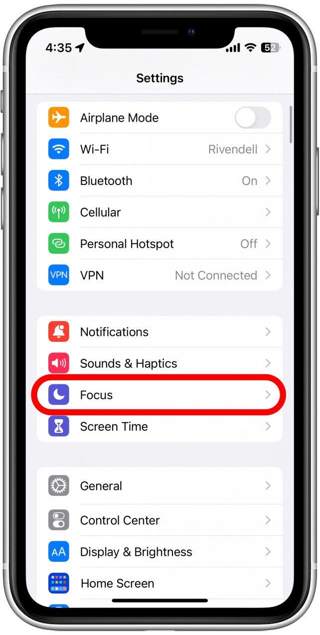 Ouvrez l'application Paramètres et appuyez sur Focus.