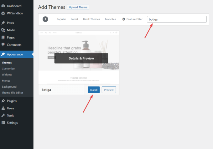 Installation du thème Botiga dans WordPress