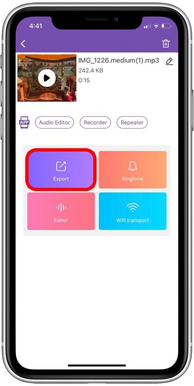 Vous avez maintenant un fichier audio uniquement ! Appuyez sur Exporter pour l'envoyer où vous le souhaitez.