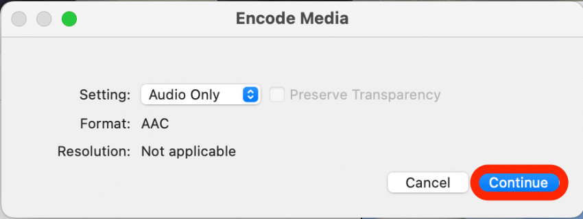 Cliquez sur Continuer. Voici comment transformer la vidéo en audio.