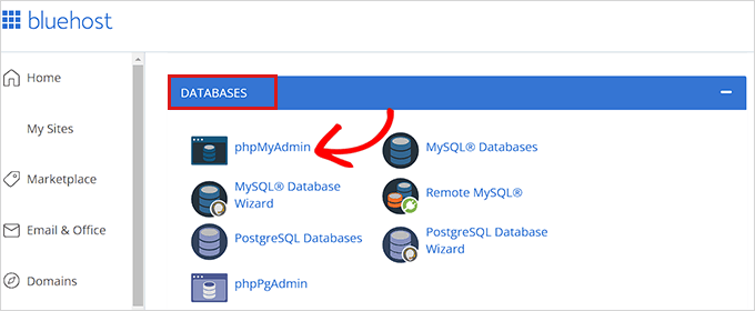 cliquez sur l'option phpmyadmin Cliquez sur l'option phpMyAdmin dans le cPanel