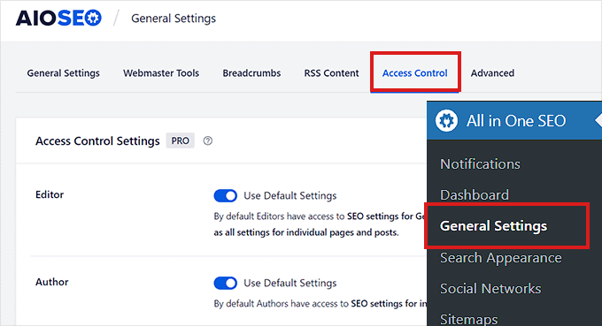 Cliquez sur l'onglet Contrôle d'accès sur la page Paramètres généraux dans AIOSEO Cliquez sur l'onglet Contrôle d'accès sur la page Paramètres généraux dans AIOSEO