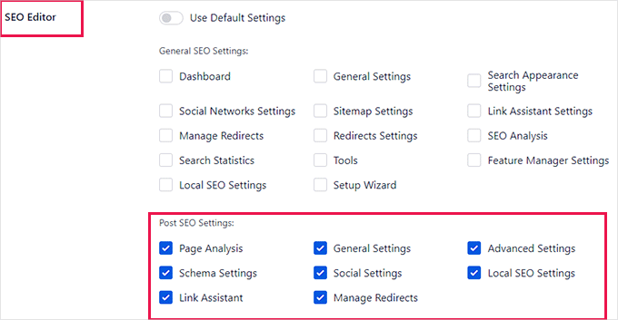 Paramètres par défaut pour le rôle d'utilisateur SEO Editor Paramètres par défaut pour le rôle d'utilisateur SEO Editor