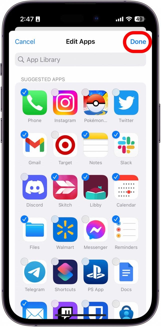 Choisissez et choisissez les applications que vous souhaitez voir apparaître sur votre écran d'accueil lorsque vous êtes dans ce mode Focus. Ensuite, appuyez sur Terminé lorsque vous avez terminé.