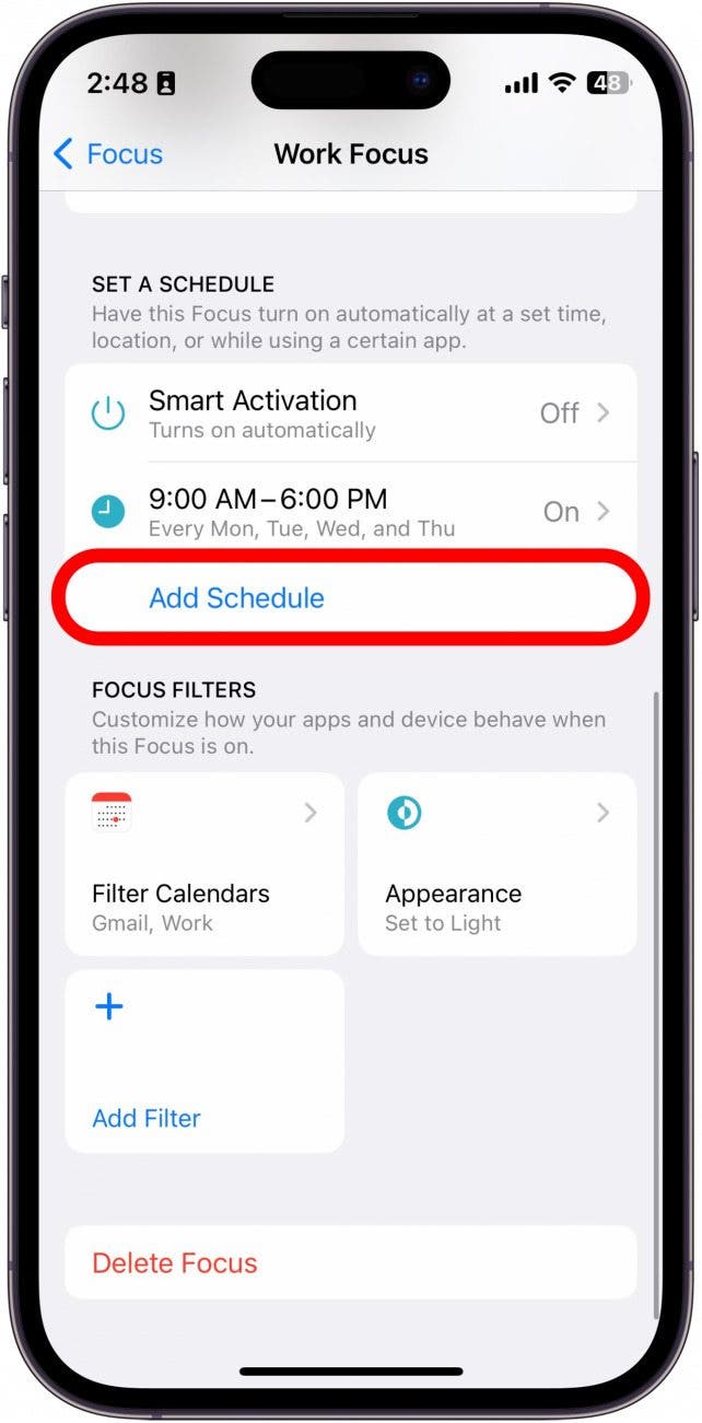 Ensuite, faites défiler vers le bas jusqu'à Définir un horaire et appuyez sur Ajouter un horaire.