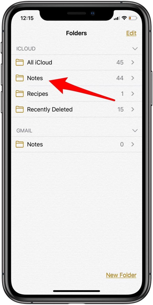 appuyez sur un dossier de notes