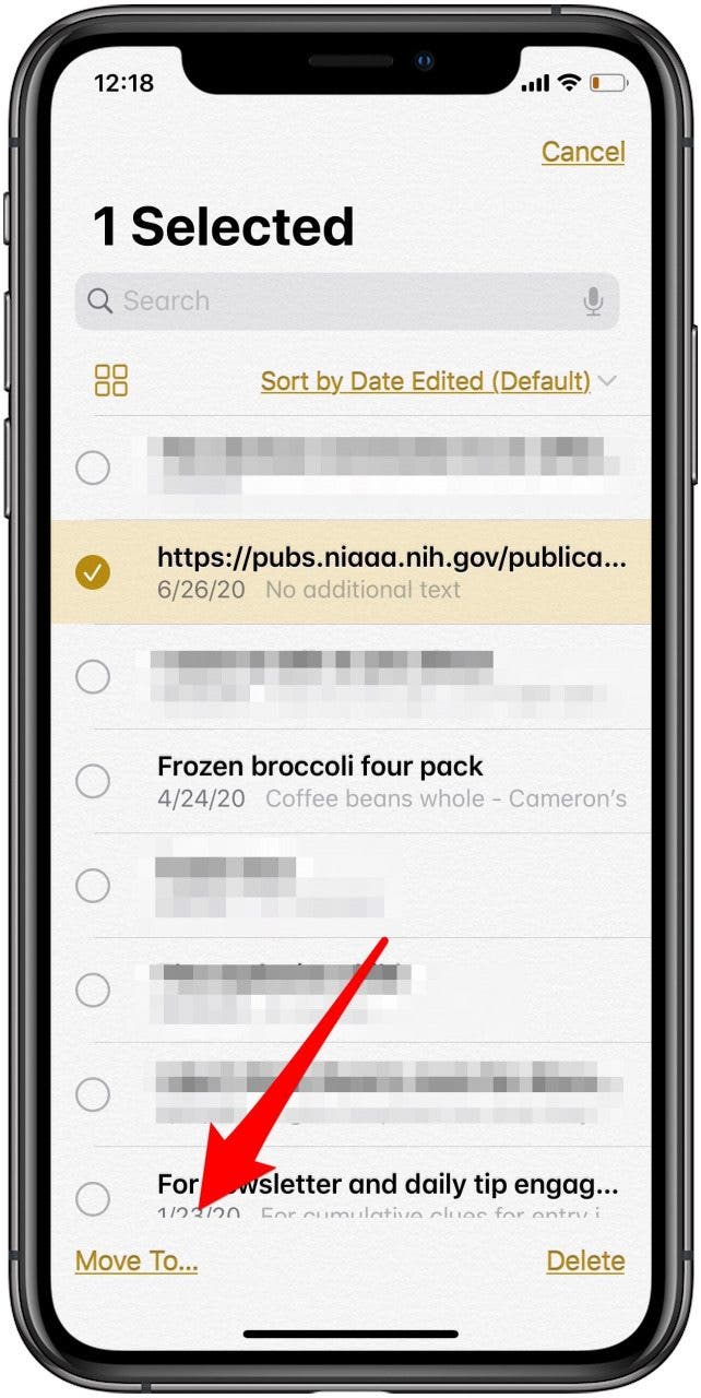 sélectionnez la note que vous souhaitez déplacer