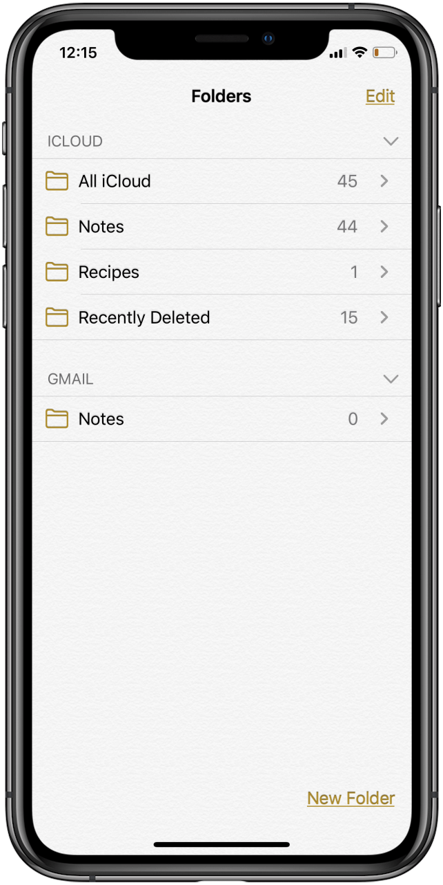 dossiers dans l'application Notes