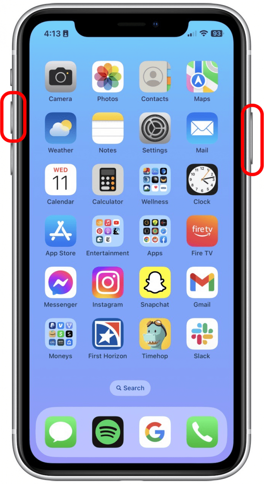 Appuyez et maintenez le bouton latéral et le bouton d'augmentation du volume.