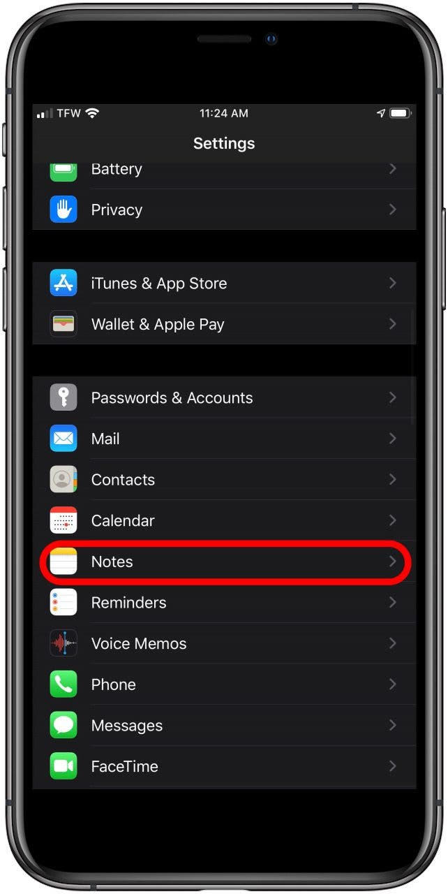 appuyez sur les notes dans les paramètres de votre ipad ou iphone