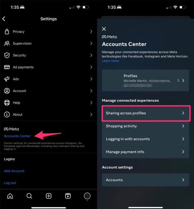 Partage du Meta Accounts Center entre les profils