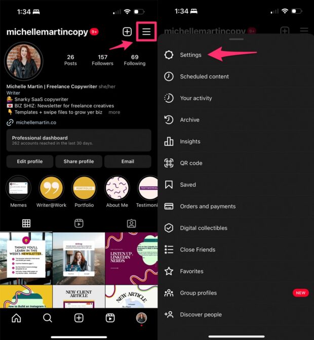 paramètres de l'application instagram