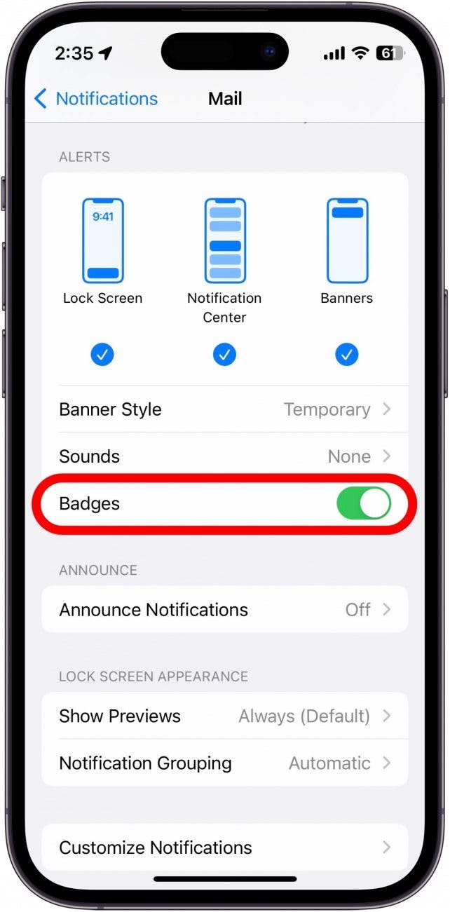 Faites défiler vers le bas jusqu'à Alertes et appuyez sur la bascule à côté de Badges, de sorte qu'elle devienne grise et positionnée à gauche. Cela signifie que les badges sont désactivés.