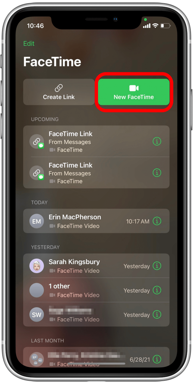 Appuyez sur Nouveau FaceTime - partage d'écran sur iphone
