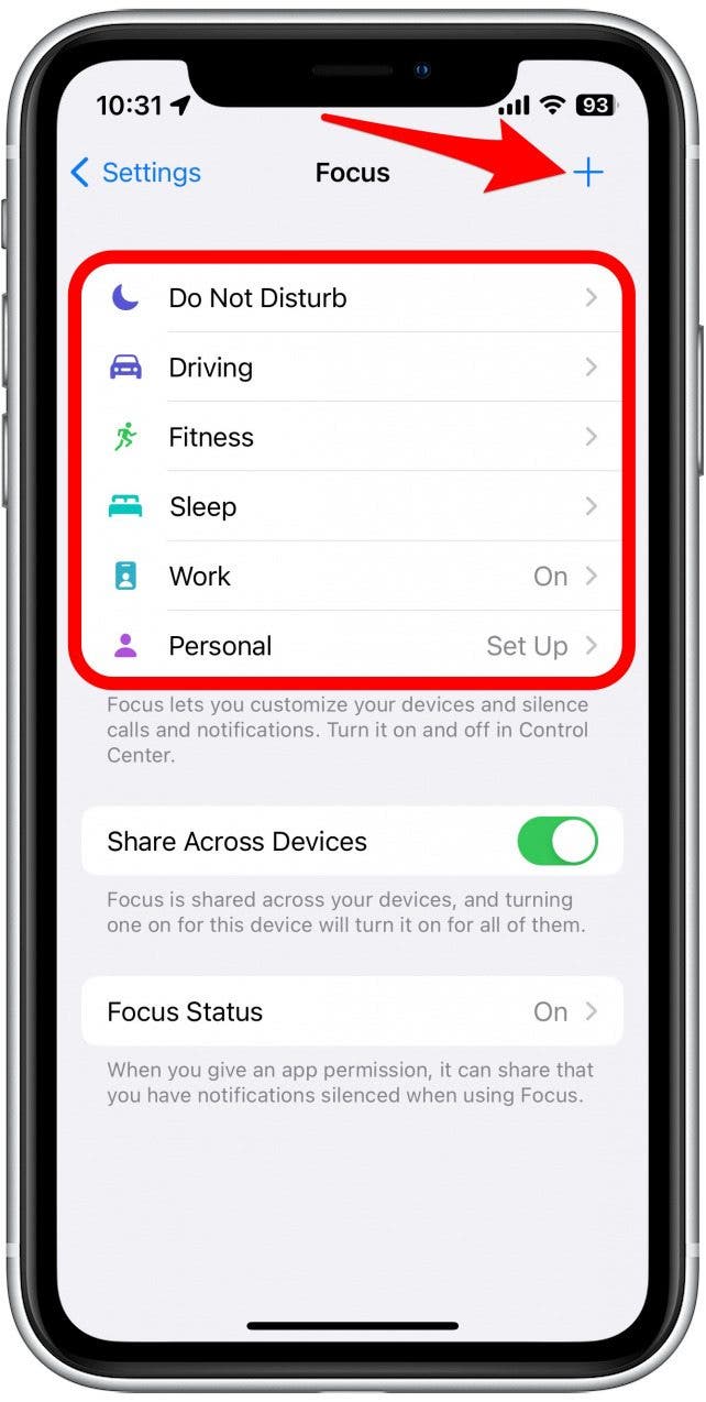 Appuyez sur l'un des focus disponibles pour le personnaliser, ou appuyez sur l'icône plus pour créer un nouveau focus.