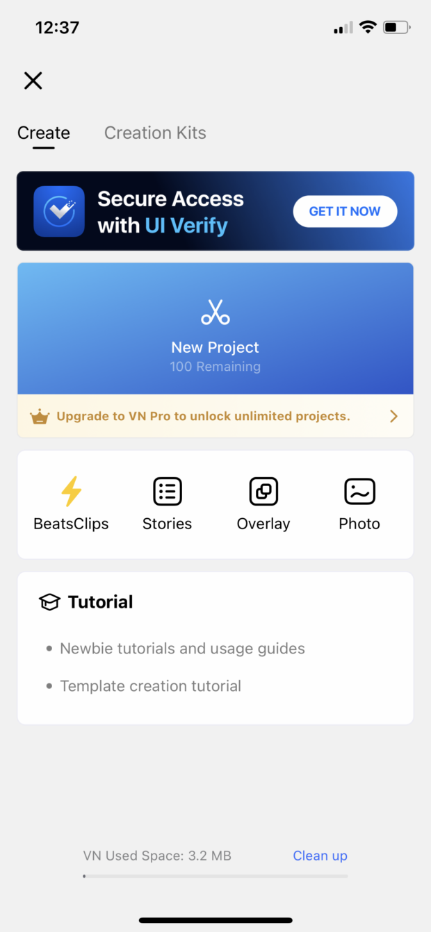 Nouveau projet de l'application VN Video Editor
