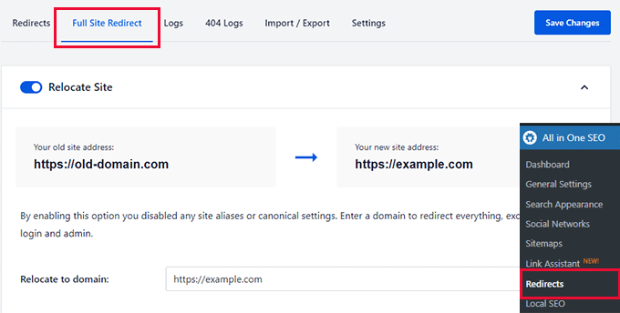 Redirection complète du site dans All in One SEO Redirection complète du site dans All in One SEO