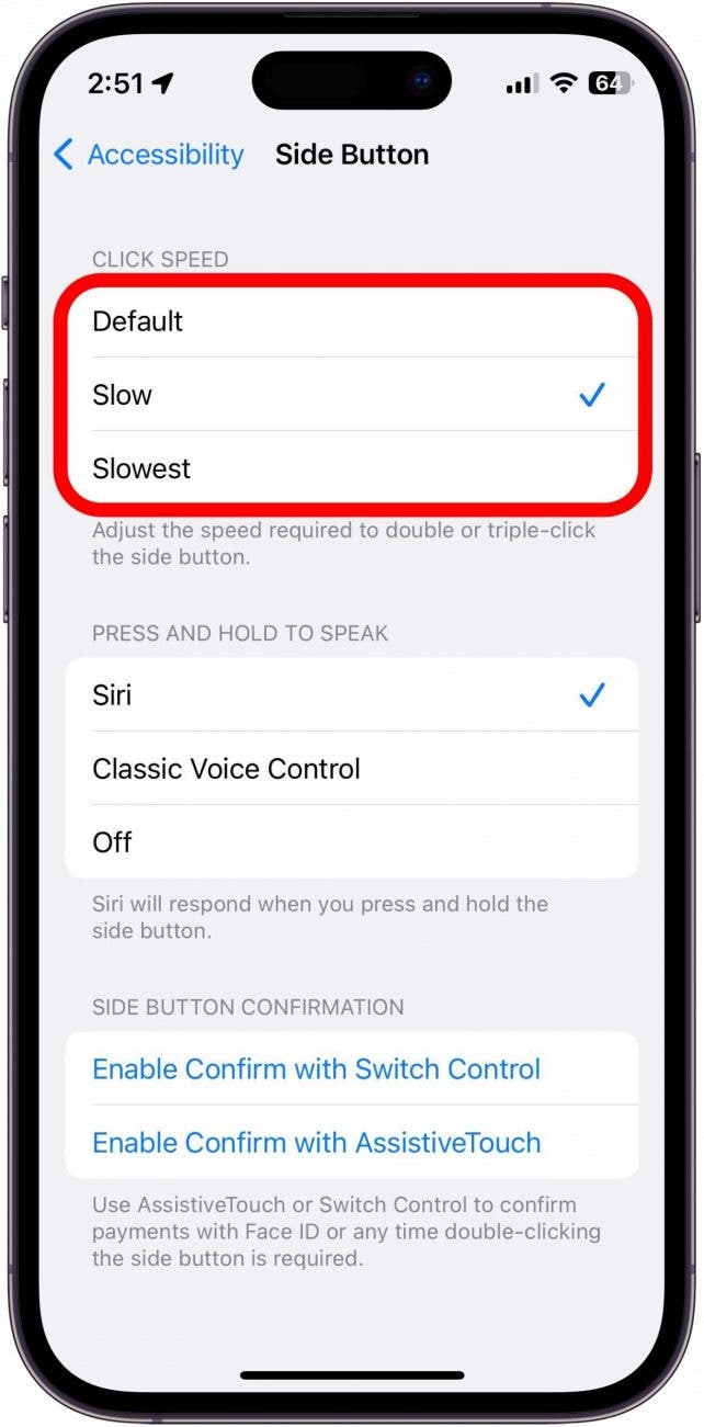 Lorsque vous appuyez sur l'un de ces boutons, votre iPhone vibre plusieurs fois pour vous donner une idée du temps qu'il vous reste entre deux clics sur le bouton latéral.  Choisissez celui qui vous convient le mieux.