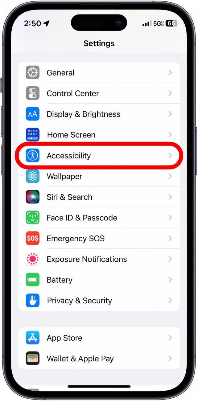 Ouvrez l'application Paramètres et appuyez sur Accessibilité.