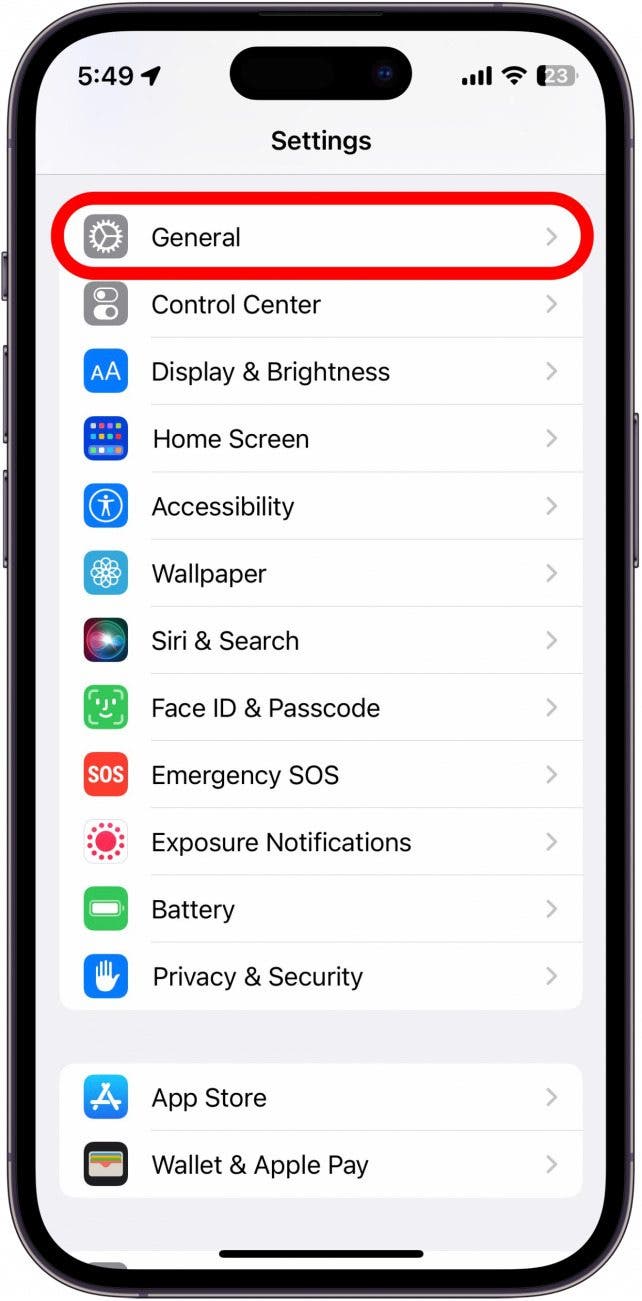 Ouvrez l'application Paramètres et appuyez sur Général.