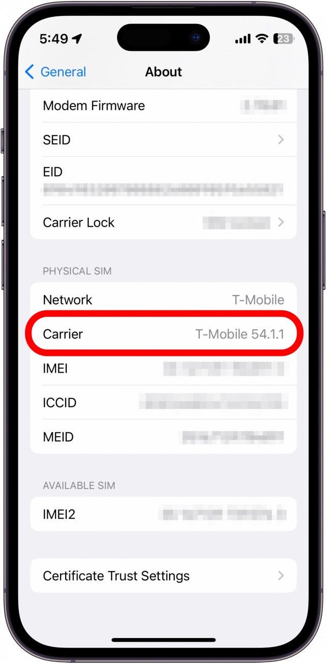 S'il existe une mise à jour, vous devriez être invité à la télécharger.  Vous pouvez également faire défiler jusqu'à Carrier et voir quelle version vous avez actuellement installée.