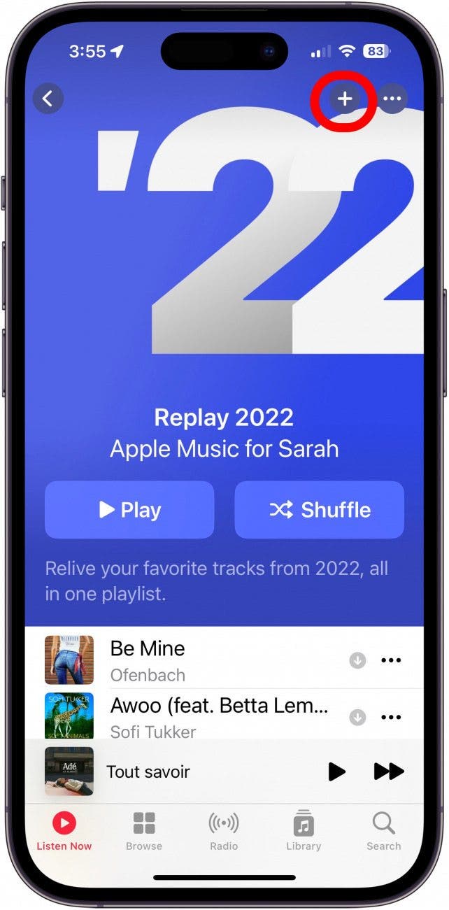 appuyez sur le signe plus pour ajouter une liste de lecture Apple Replay appuyez sur le signe plus pour ajouter une liste de lecture Apple Replay