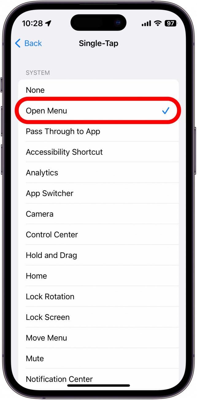 Vous pouvez assigner l'action Ouvrir le menu pour ouvrir un menu avec une variété d'autres actions.