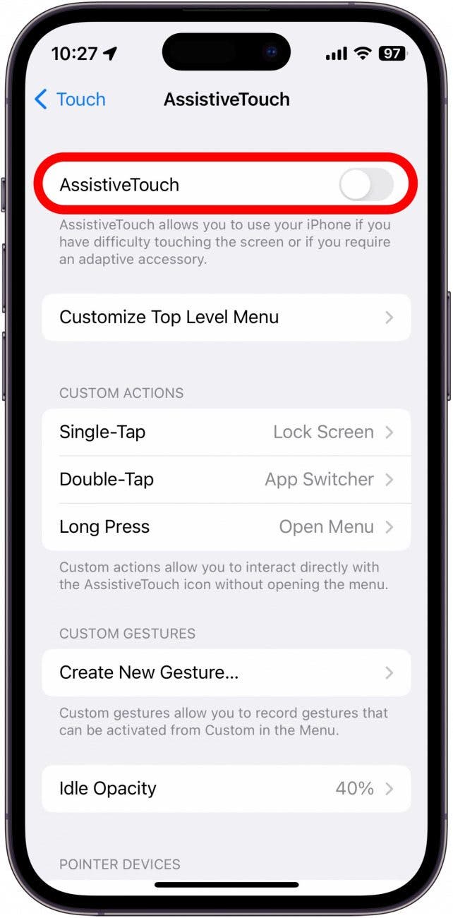 Appuyez sur la bascule à côté de Assistive Touch pour l'activer.