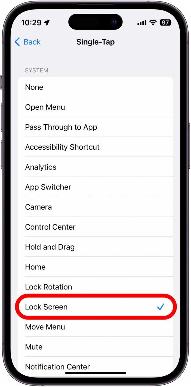 Si vous souhaitez que l'icône Assistive Touch serve uniquement de bouton de verrouillage, vous pouvez attribuer l'action Verrouiller l'écran à l'icône Assistive Touch.