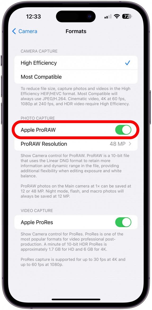basculer sur Apple ProRAW