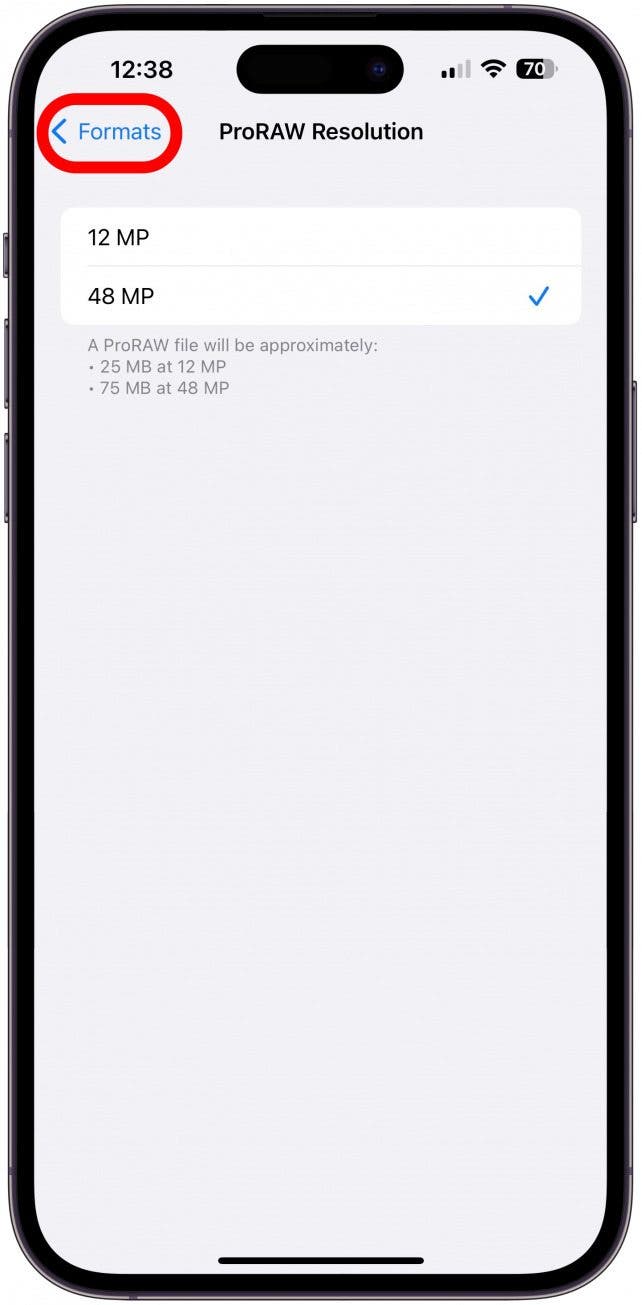 Appuyez sur Formats, puis sur Appareil photo