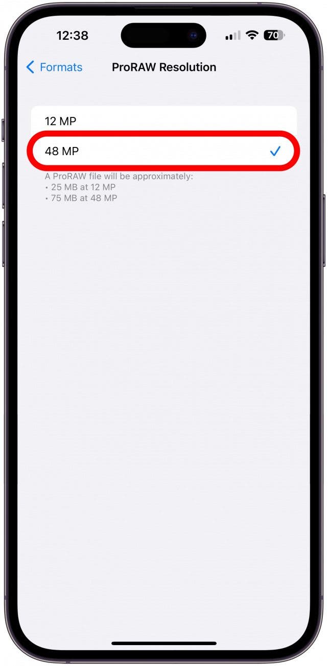 Assurez-vous que 48 MP est sélectionné