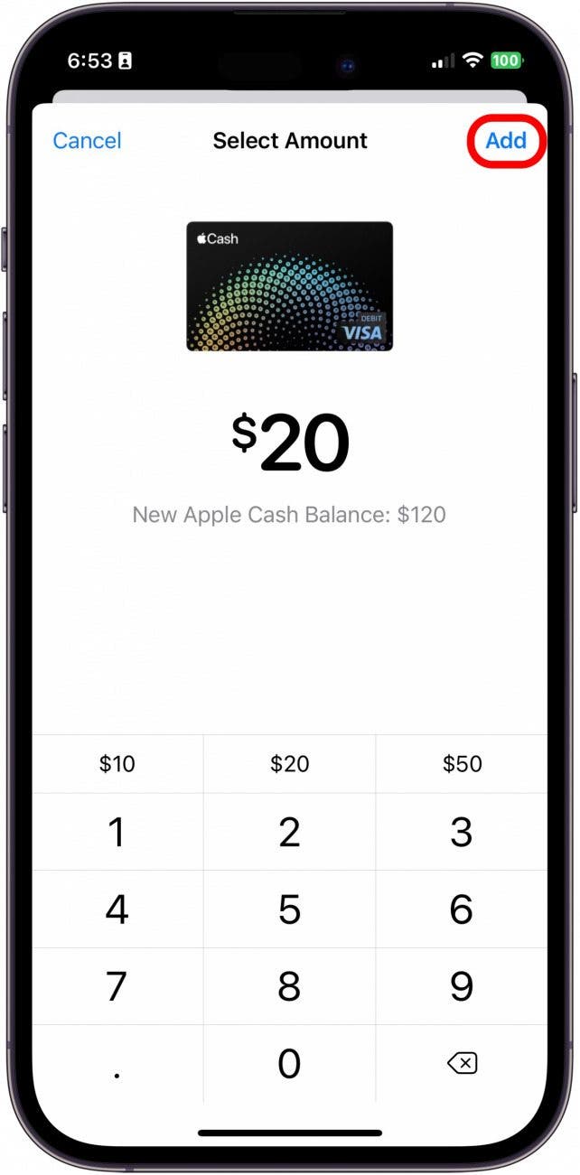 Entrez le montant que vous souhaitez mettre sur votre carte. Sachez qu'il y a un minimum de 0. Ensuite, appuyez sur Ajouter.