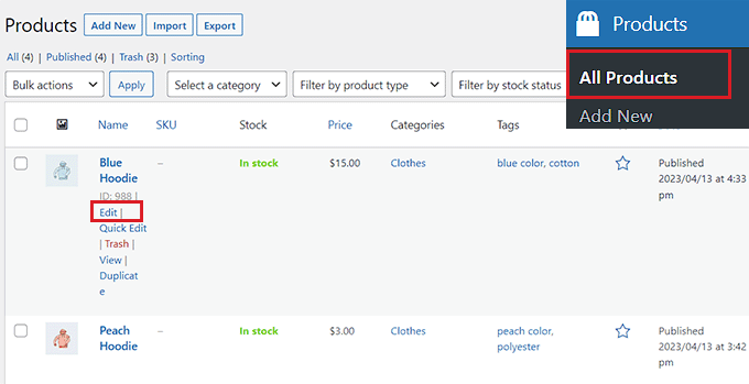 Cliquez sur le lien Modifier sous un produit Cliquez sur le lien Modifier sous un produit