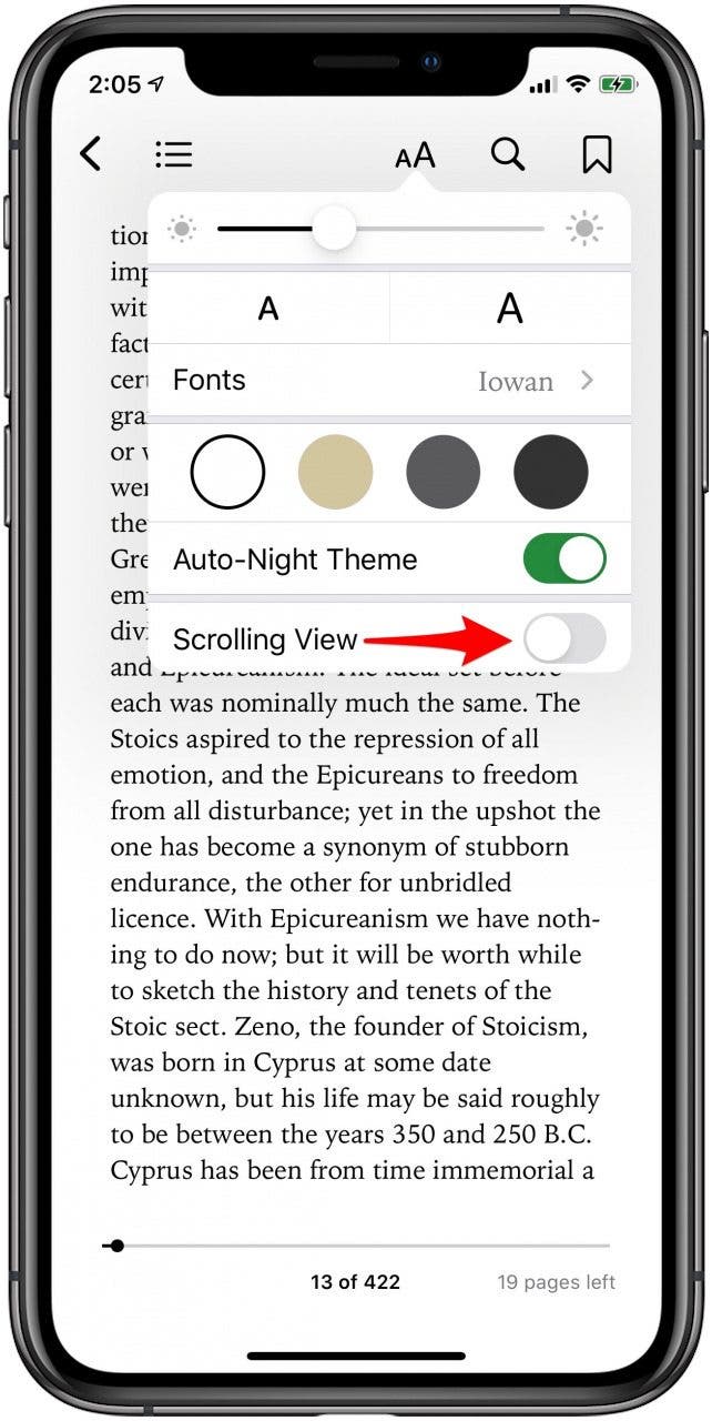 activer le défilement des ebooks sur iphone