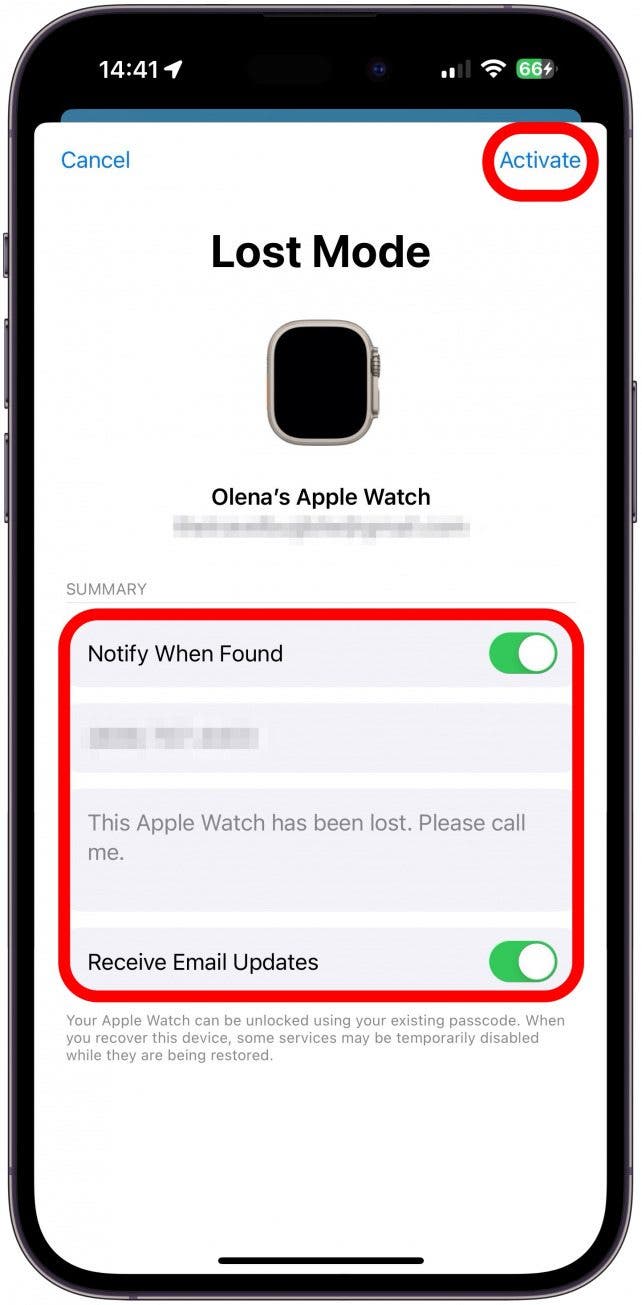 Assurez-vous que Notifier en cas de détection et Recevoir des mises à jour par e-mail sont activés, vérifiez votre numéro de téléphone et votre message, puis appuyez sur Activer.
