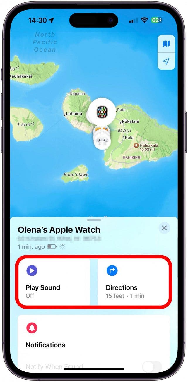 Si votre Apple Watch n'était pas morte ou hors ligne, vous pourrez jouer un son pour l'entendre sonner s'il se trouve à proximité ou appuyer sur Itinéraire pour y accéder.