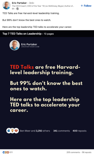 article LinkedIn montrant une statistique indiquant que 99% des gens ne connaissent pas les meilleures conférences ted à regarder