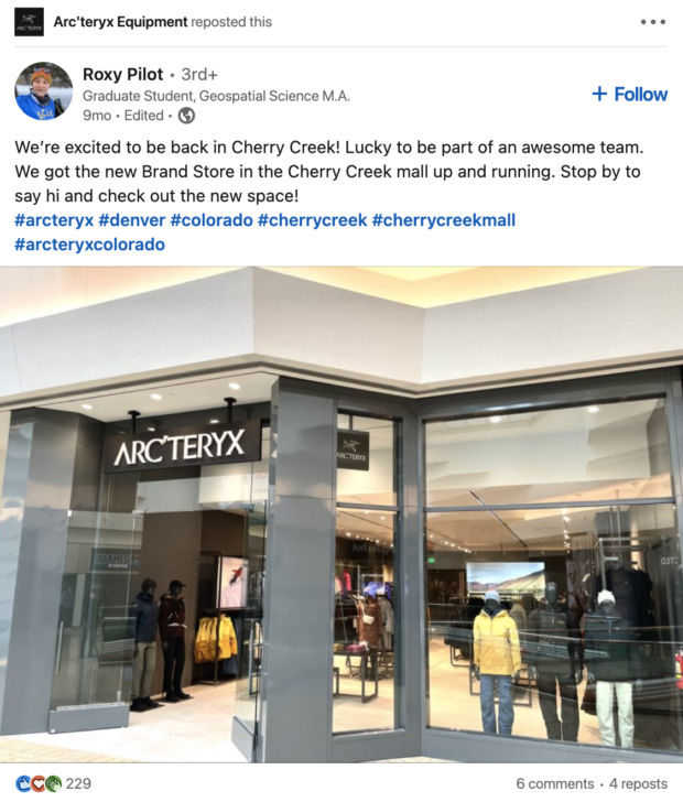 arcteryx republie du contenu sur l'ouverture d'un nouveau magasin par un employé sur LinkedIn