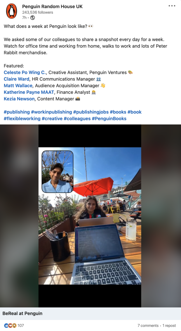 publication LinkedIn de penguin uk montrant divers membres du personnel lors de réunions virtuelles