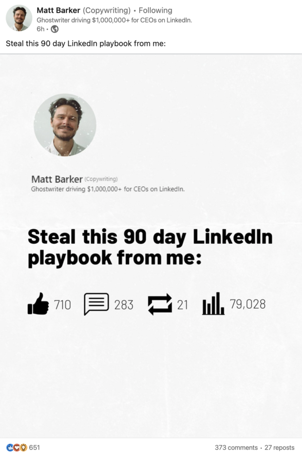 Article de carrousel LinkedIn avec un texte disant : "volez-moi ce livre de lecture LinkedIn de 90 jours"