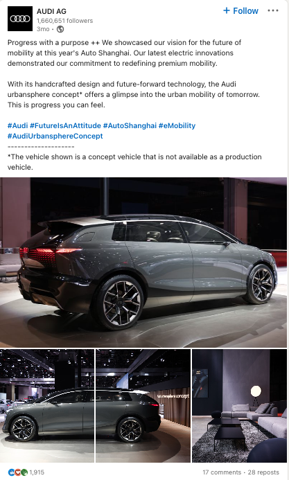 Un post LinkedIn multi-images d'Audi