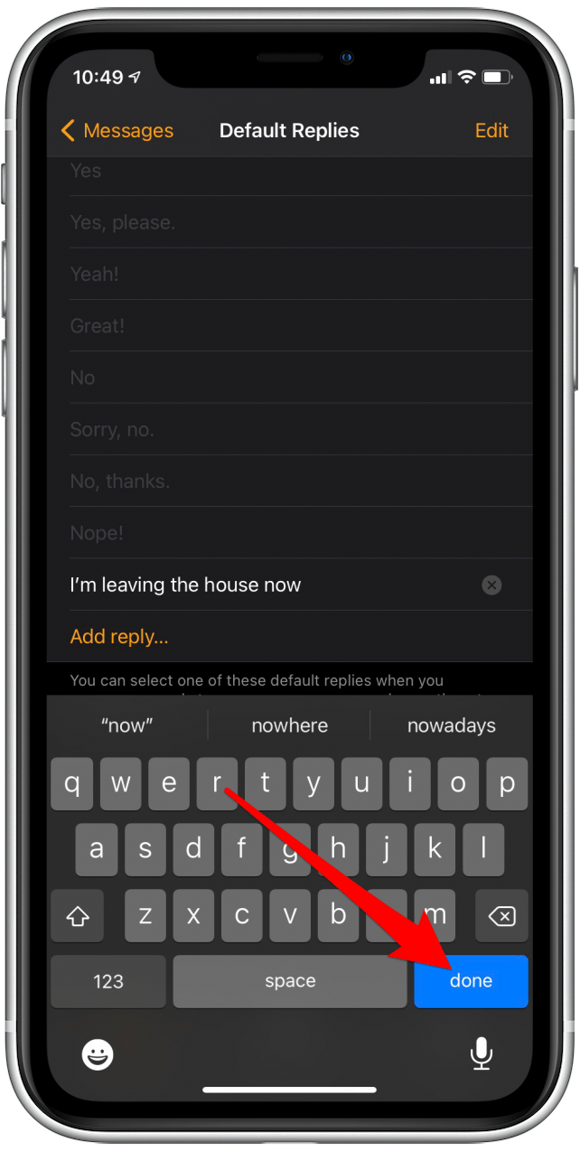 Tapez votre message personnalisé et appuyez sur Terminé