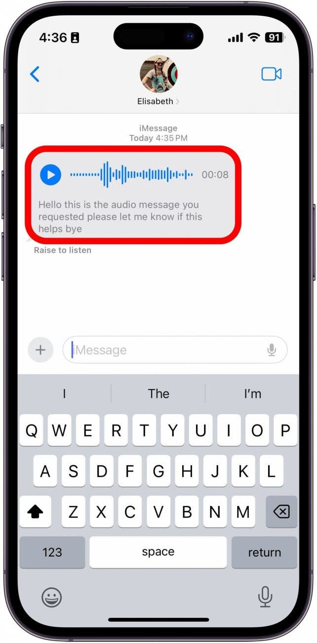 capture d'écran imessage avec la transcription du message audio entourée en rouge