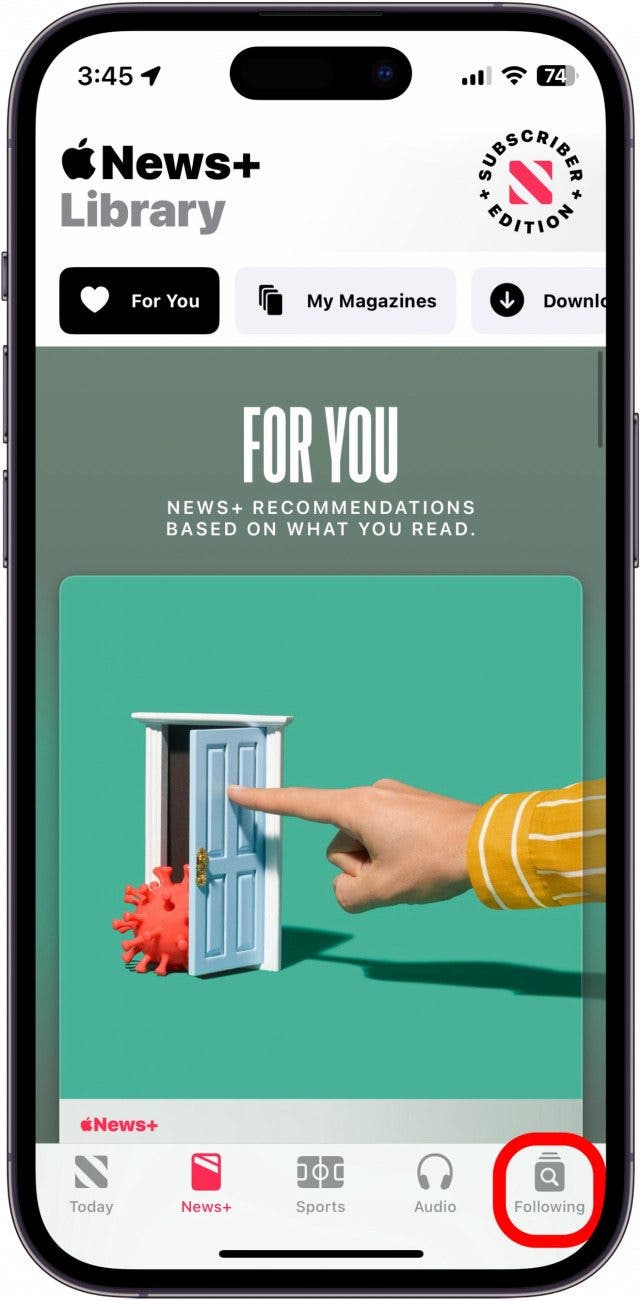 application d'actualités pour iphone avec l'onglet suivant entouré en rouge
