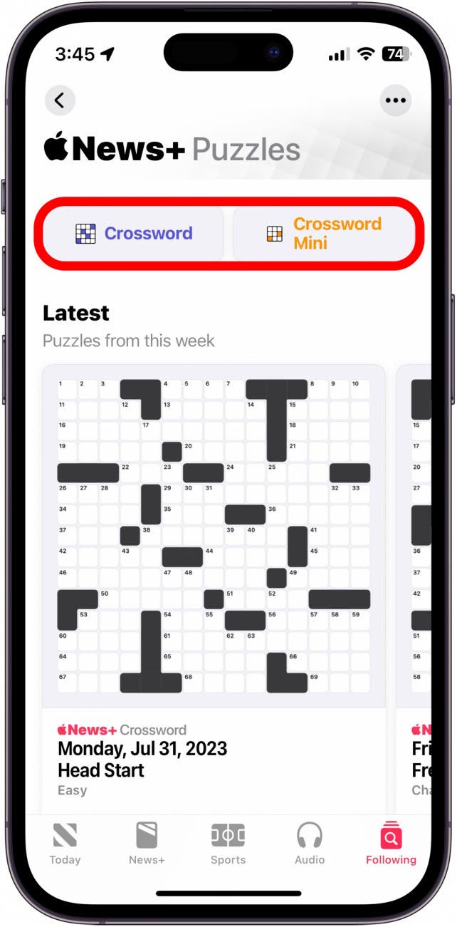 puzzles apple news avec mots croisés et mini boutons de mots croisés entourés de rouge