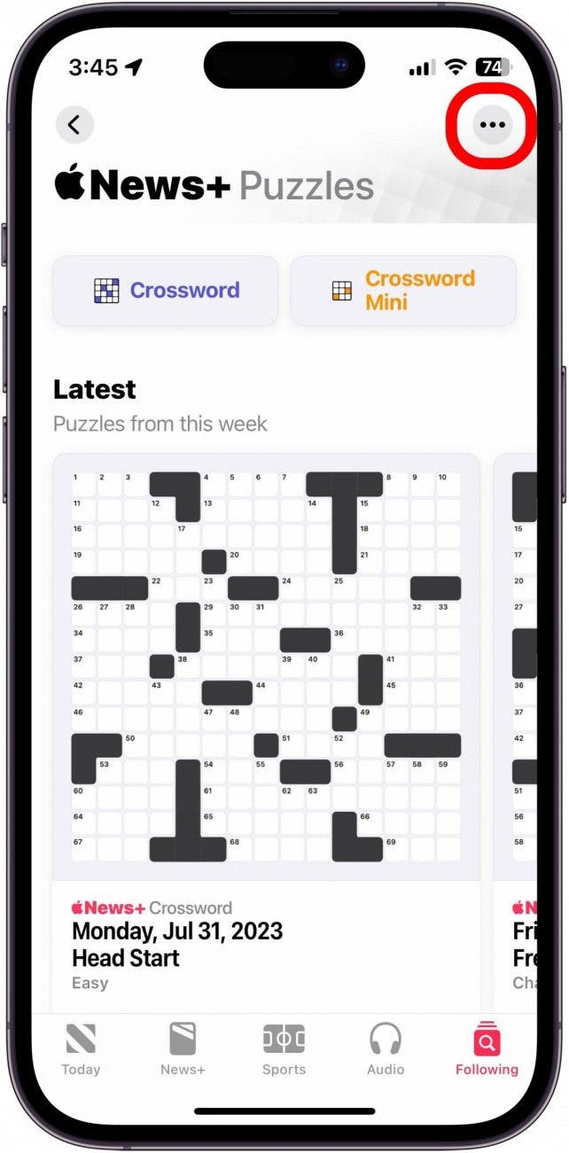 puzzles d'apple news avec icône de menu à trois points entourée en rouge