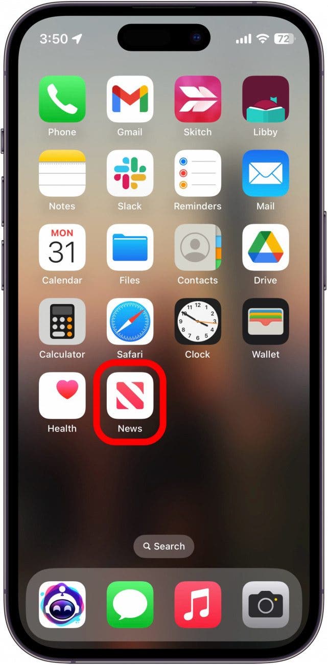 écran d'accueil de l'iphone avec l'application News entourée en rouge