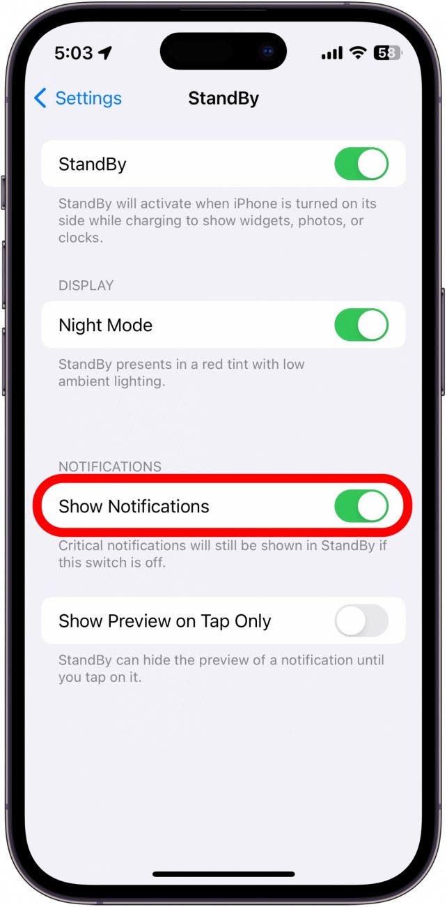paramètres de veille de l'iphone avec bascule d'affichage des notifications encerclée en rouge